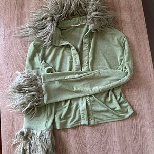 Green Button Down Shirt with Faux Fur Trim